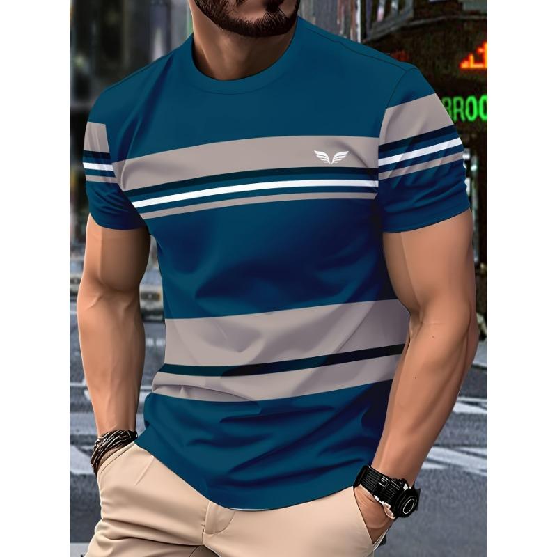 Men's stylish striped pattern 3D printed crew neck short sleeve t-shirt, casual summer t-shirt for daily wear and resort
