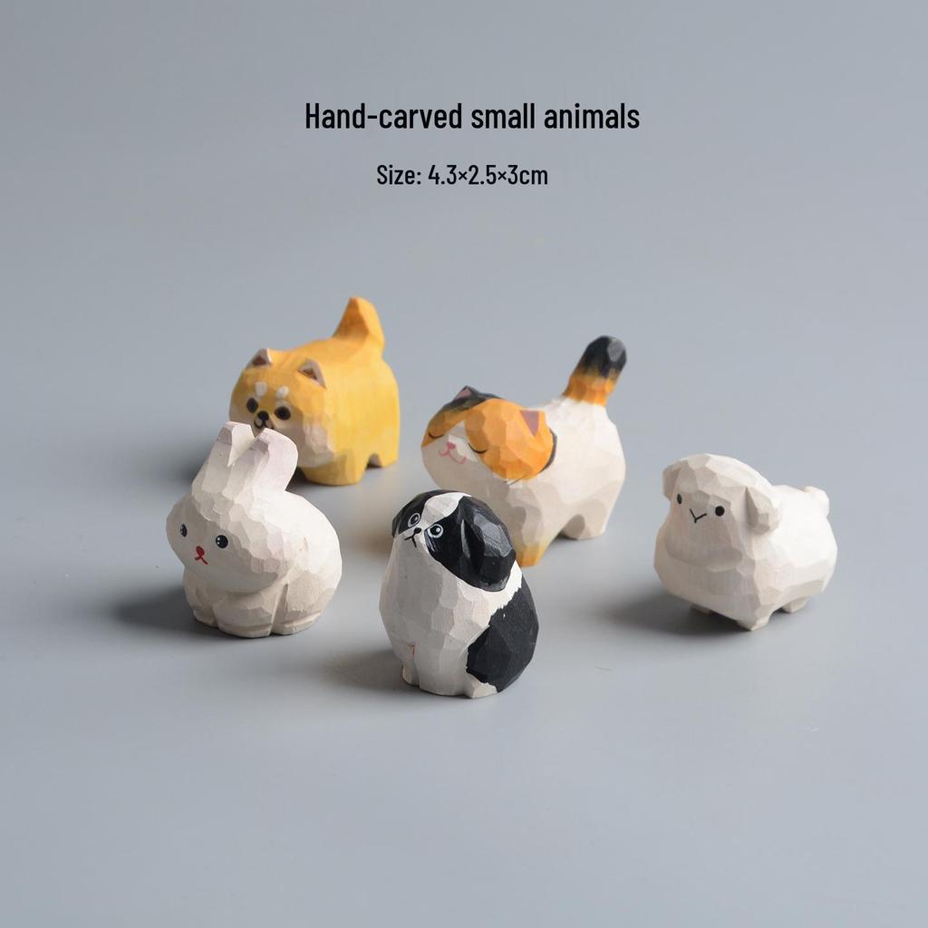 Handcrafted Wooden Animal Ornaments: Dog, Cat, Rabbit Carvings for Home Decor