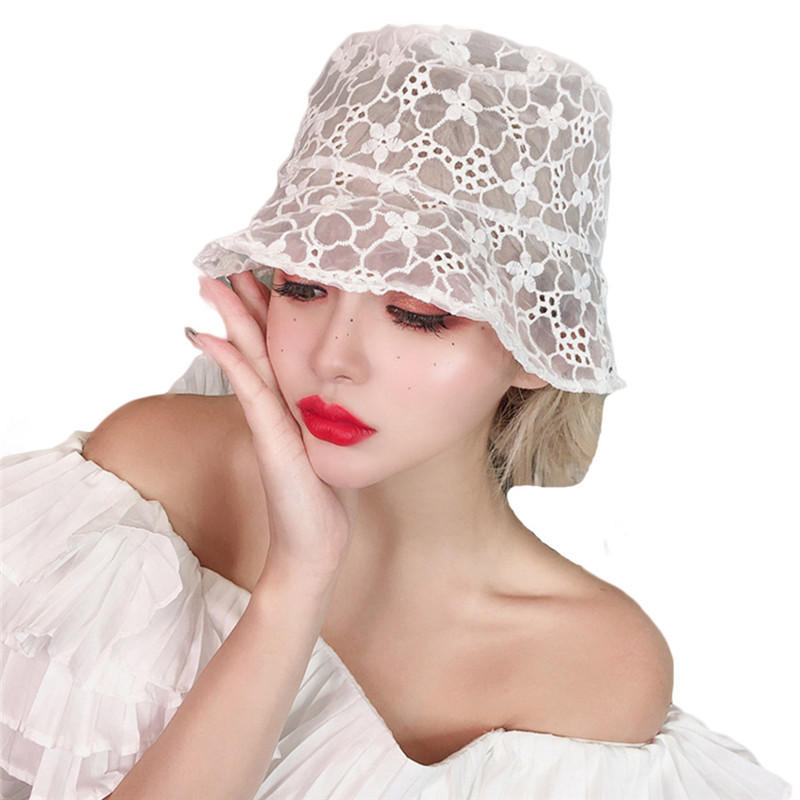 Lace Hat For Women Flower Wide Brim Sun Hats Outdoor Beach Hollow Summer Fisherman Hats Ladies Bucket Hat Female