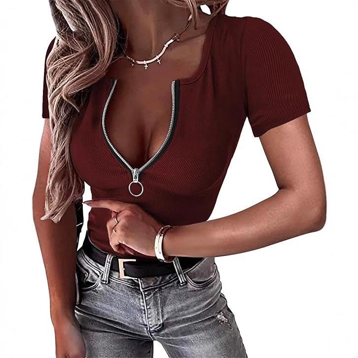 2026 New Spring/Summer Women's Zipper Ribbed Round Neck Short Sleeve Casual Simple T-Shirt Top