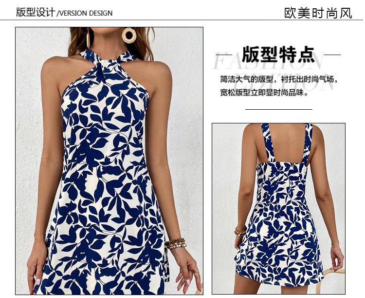Europe, America 2025 Spring and Summer New Cross-border Amazon Printing Sleeveless Backless Short Skirt A Word Neck Dress Women's Clothing