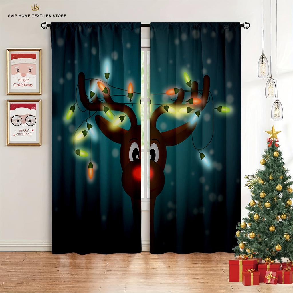 3D Cartoon Santa Claus Elk Curtains Christmas Home Decor Curtains 2 Panels Living Room Bedroom Balcony Kitchen Decor Curtains