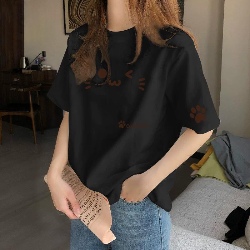 Women's Round Neck Short Sleeve Graphic Top Loose Fit Casual T Shirt 2026 Spring Pure Cotton Mid Length Pullover with Cute Cat Face Paw Print Pattern
