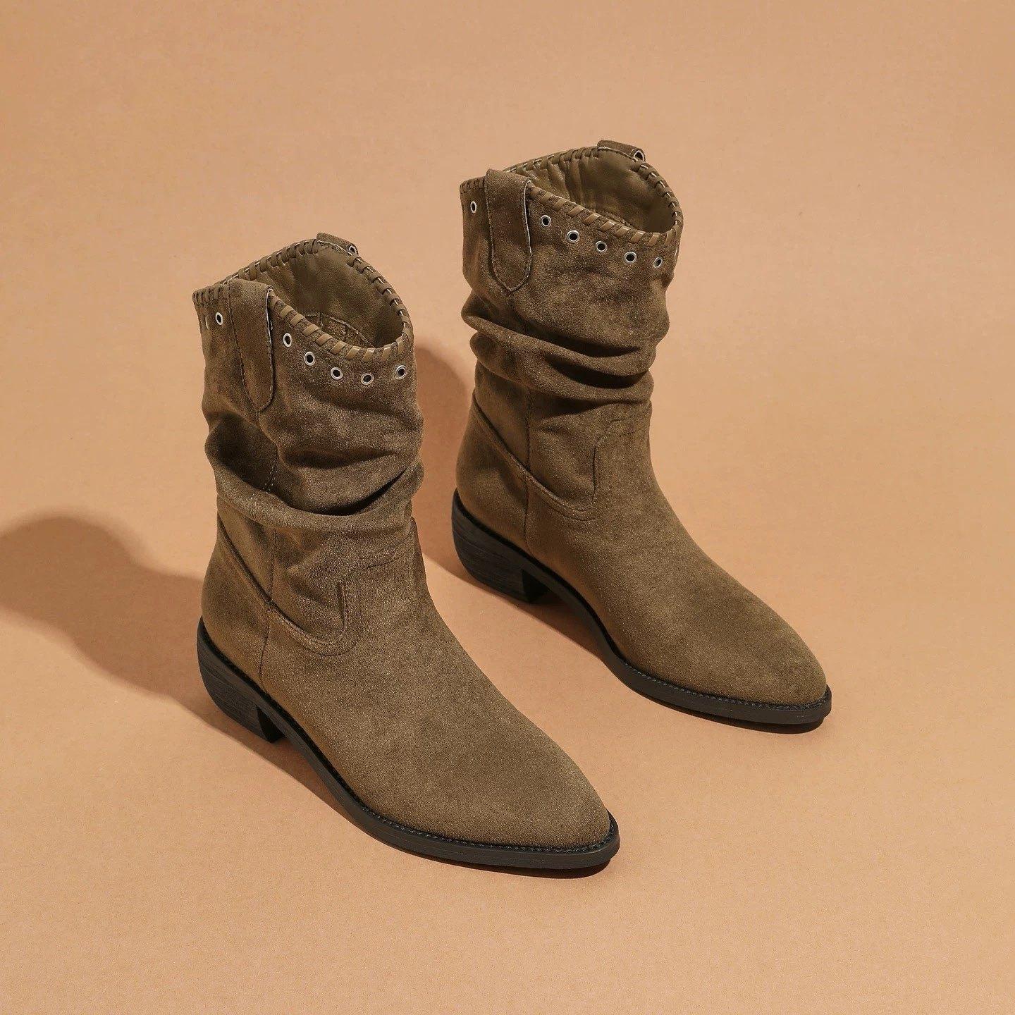 Suede thick heel thick sole pointed pleated boots women s autumn and winter new versatile temperament short boots 35