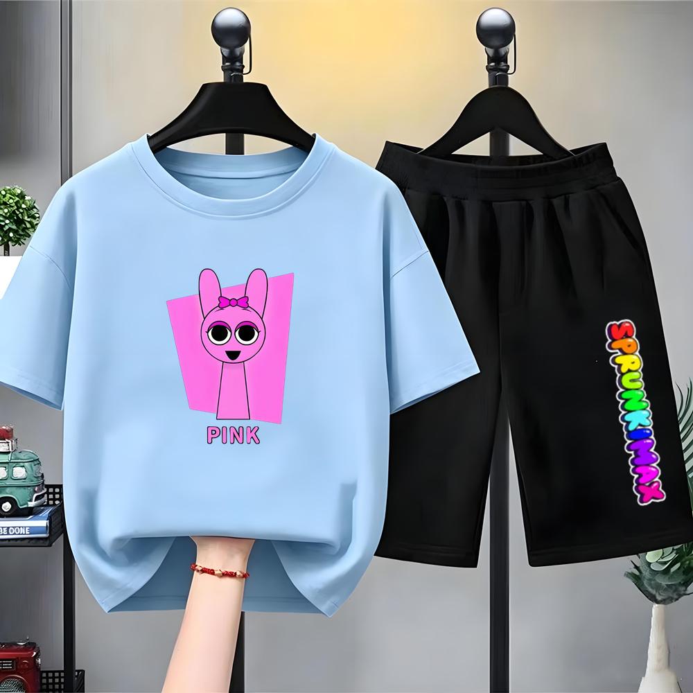 Summer Boys Girls Age 3-12 Tee+Shorts Suit Children Short Sleeve T-Shirts Child Casual Pink Black Clothes Sprunki Graphics