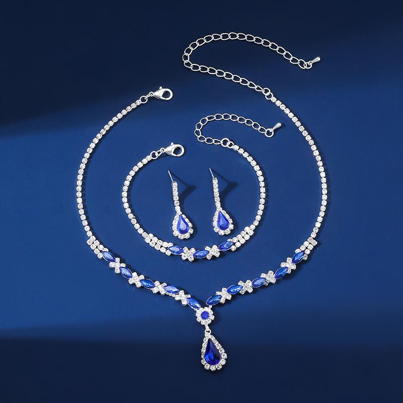 European & American Fashion Blue Crystal Necklace, Earrings & Bracelet Set - Hot Selling Three-Piece Full Diamond Design