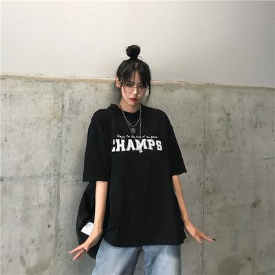 Summer Korean Version Ins Harajuku Hong Kong Style Simple Letter Print Short-sleeved T-shirt Female Student Bf Loose Backing Top Tide