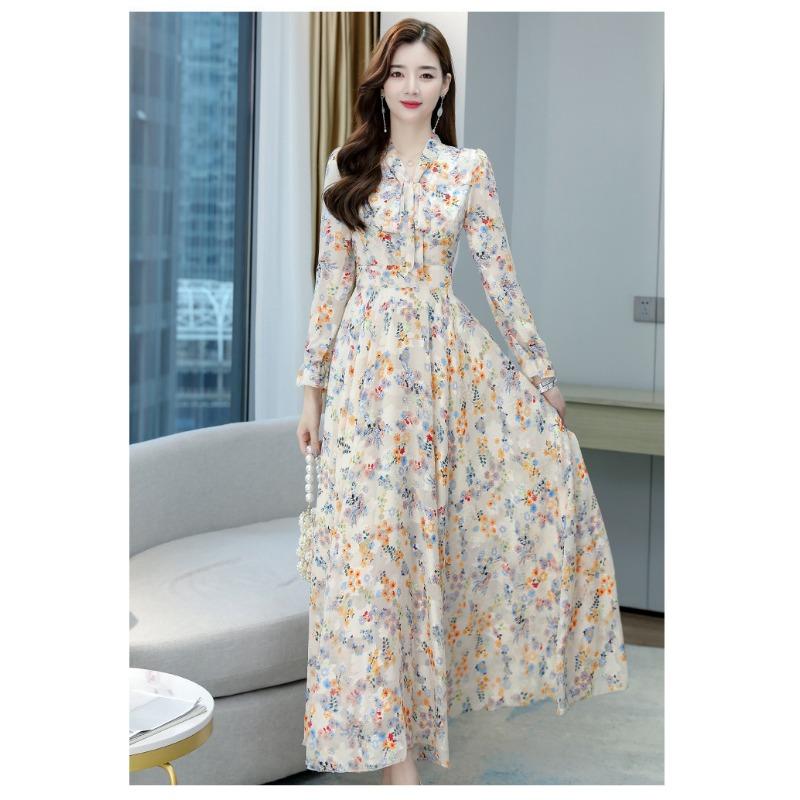 Women S High Waist V Neck Long Sleeve A Line Floral Dress