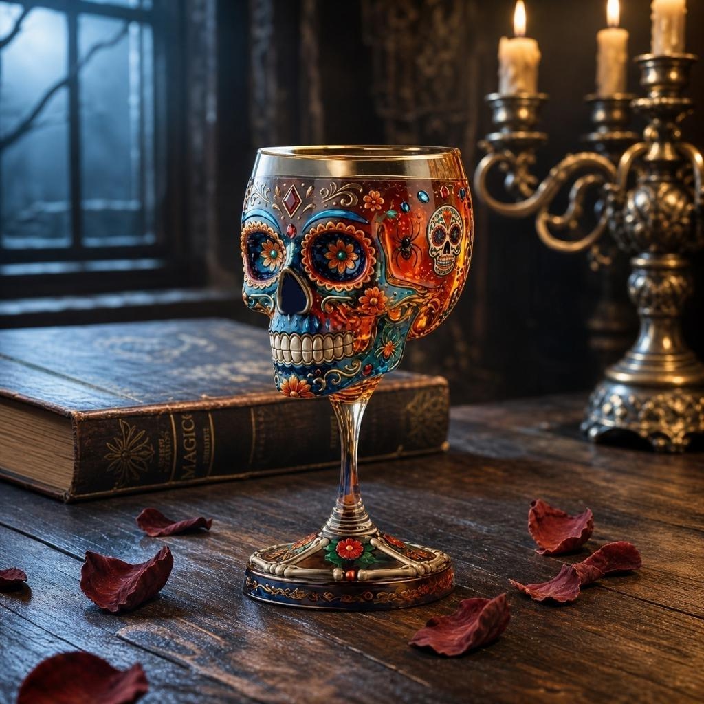 Decorative Gothic Skull Wine Glass with Floral Pattern Suitable for Home Bar Halloween Decoration Unique Stemware Design