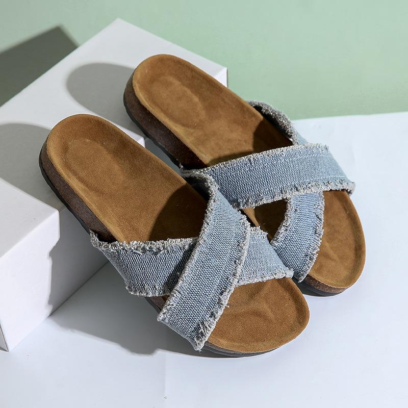 2025 Foreign Trade Slippers Women Wear Denim Cross-double Buckle Beach Sandals and Boken Soft Slippers