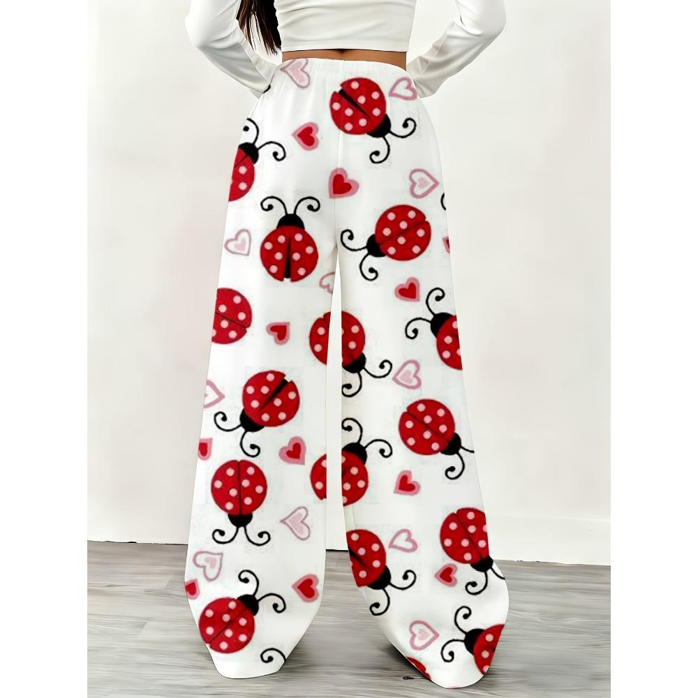 Women's Wide-leg Pants with Ladybug Print, Designed As a Casual, Comfortable Loose Fit with Heart Patterns