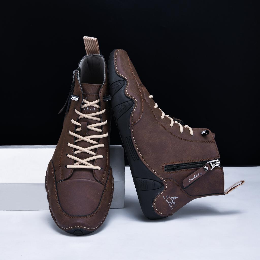 New 2026 Handmade Leather Casual Shoes Men Ankle Boots Side Zipper Comfortable Breathable Sneakers Anti-Slip Outdoor Walking