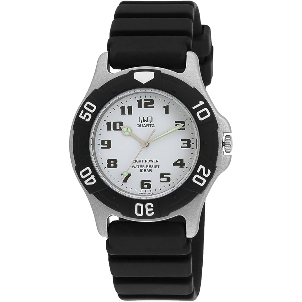 

Citizen Q&Q Analog Solar Watch 10 ATM Water Resistant Black Dial Men s White Urethane Strap