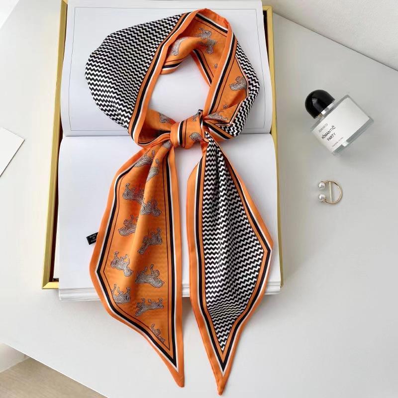 Luxury Design Long Silk Scarf Women Summer Fashion Bag Handle Ribbon Ladies Horse Print Headband Small Hair Scarves Female