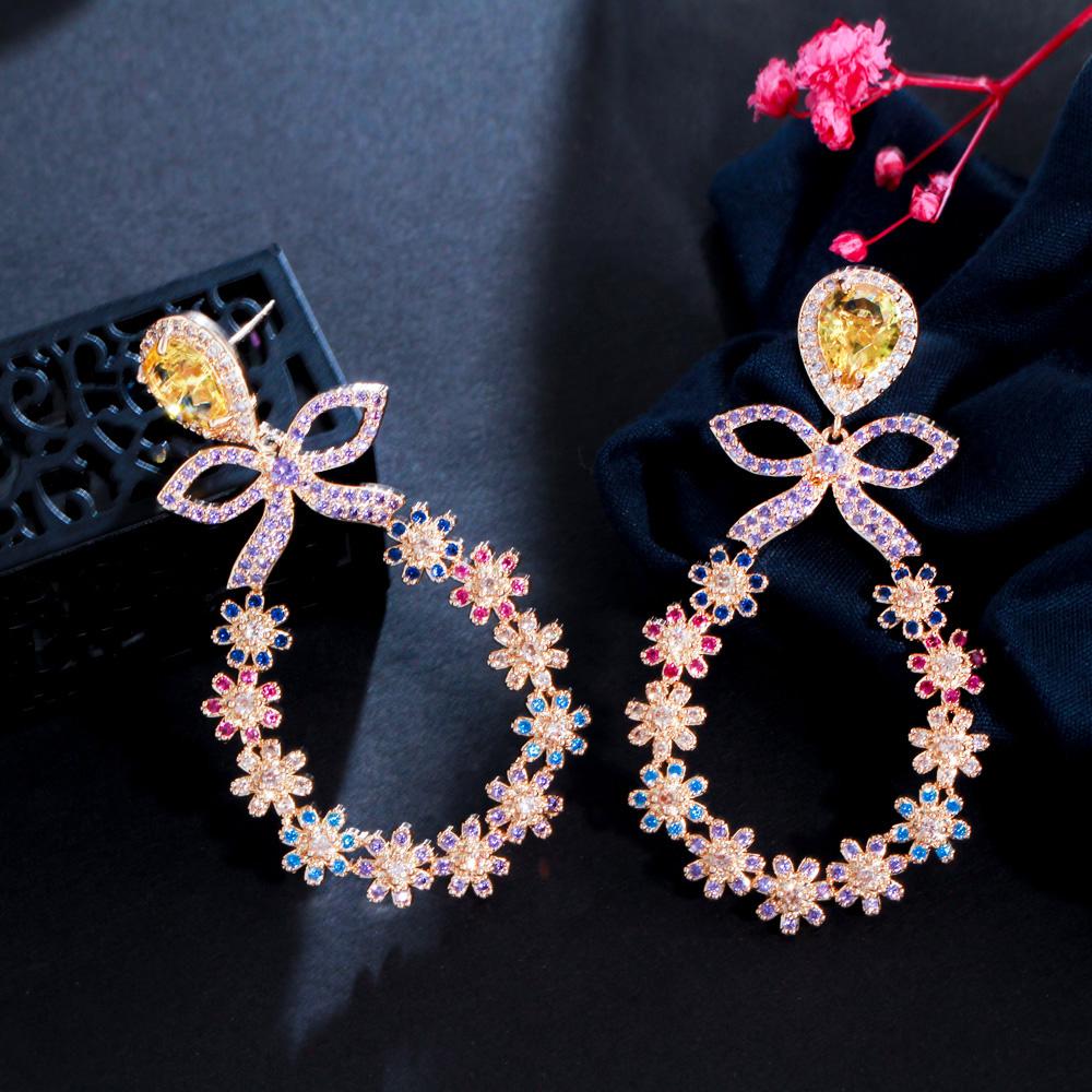 WWJ Graceful Gold Color Multicolor Cubic Zirconia Bowknot Flower Drop Earrings
