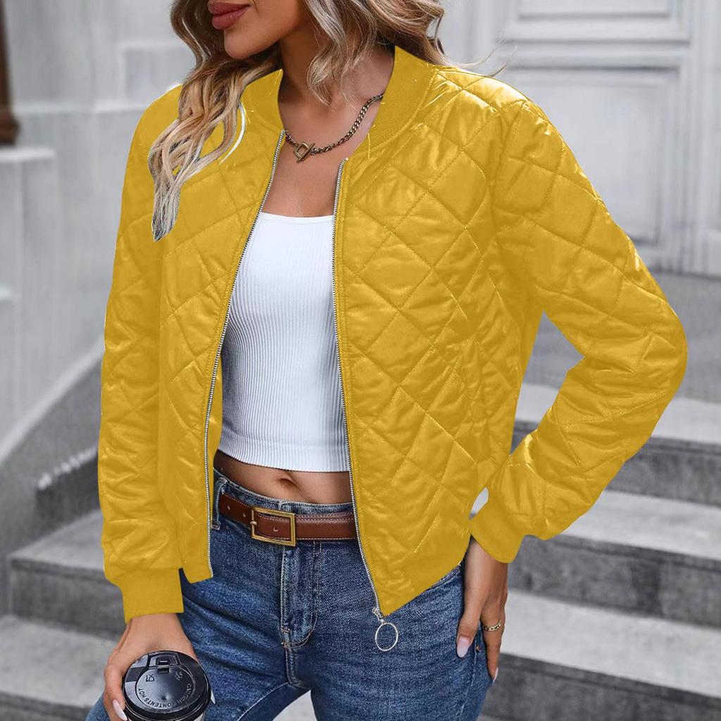 Ladies Zipper Long Sleeve Stand Collar Check Slim Baseball Padded Top Blouse Jacket Coat