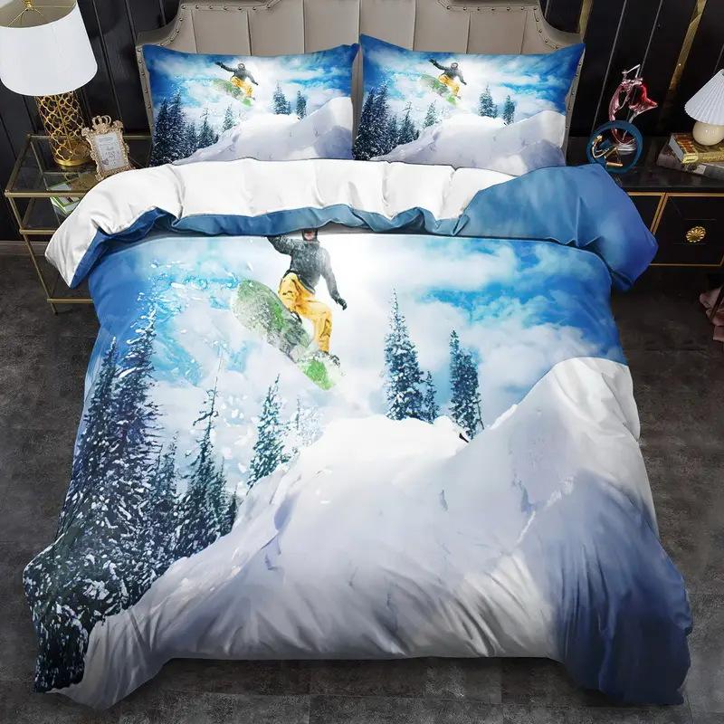 Ski Duvet Set Extreme Sports Themed Bedding Set Adult Youth Snow Mountain Printing Three-Piece Set