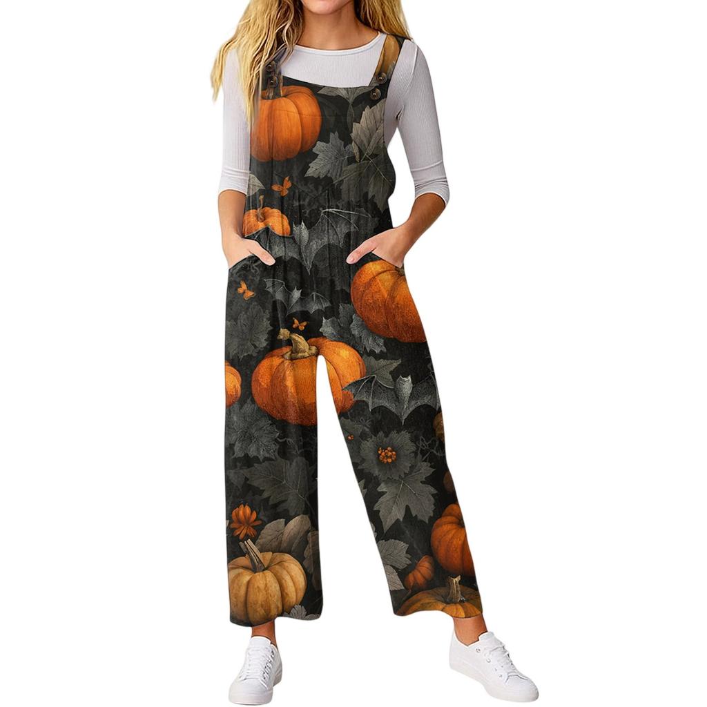 Women’s Loose Casual Sleeveless Jumpsuit Halloween Printed Jumpsuit Printed Jumpsuit