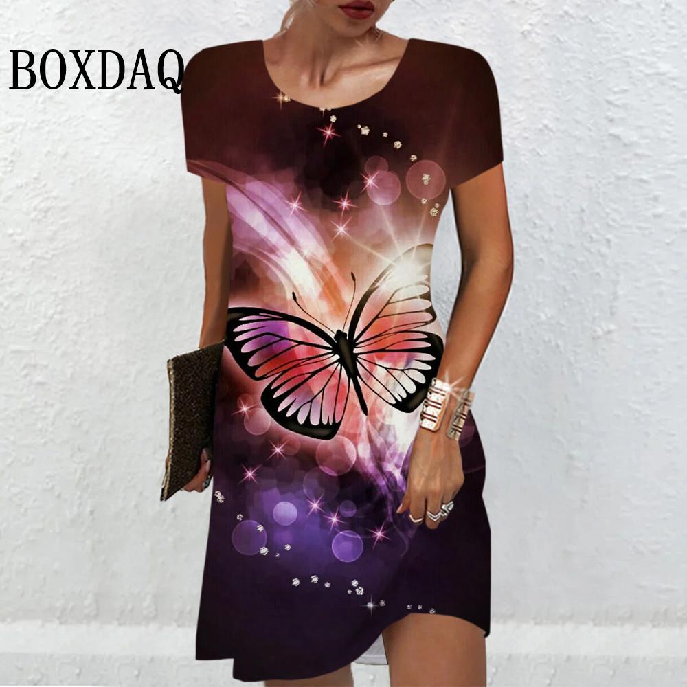 2026 Summer Women's 3d Printing Gradient Color Short-sleeved Mini Dress Elegant, Sweet and Cute Casual Loose Round Neck Dress