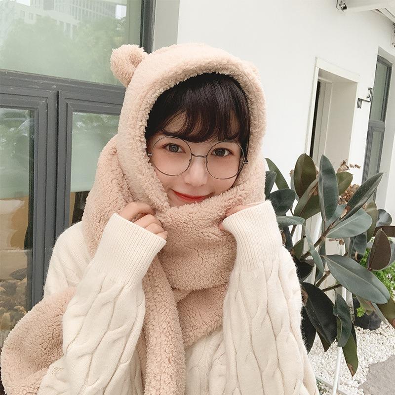 Conjunto de tres piezas de gorro, bufanda y guantes de oso grueso y lindo para mujer, cálido de felpa para otoño e invierno, gorro y bufanda integrados