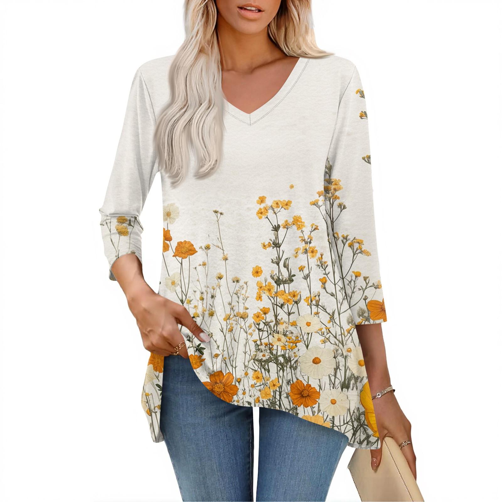 

Женские топы с V-образным вырезом и рукавом 3/4, повседневные блузки средней длины, модные туники с принтом S коричневый