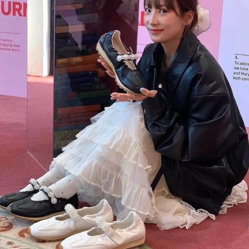 Fashion Retro Pearl Mary Jane Ballet Flat Shoes Women's Spring Autumn New Style Sports Casual Leather Dequanyi Rubber Bottom