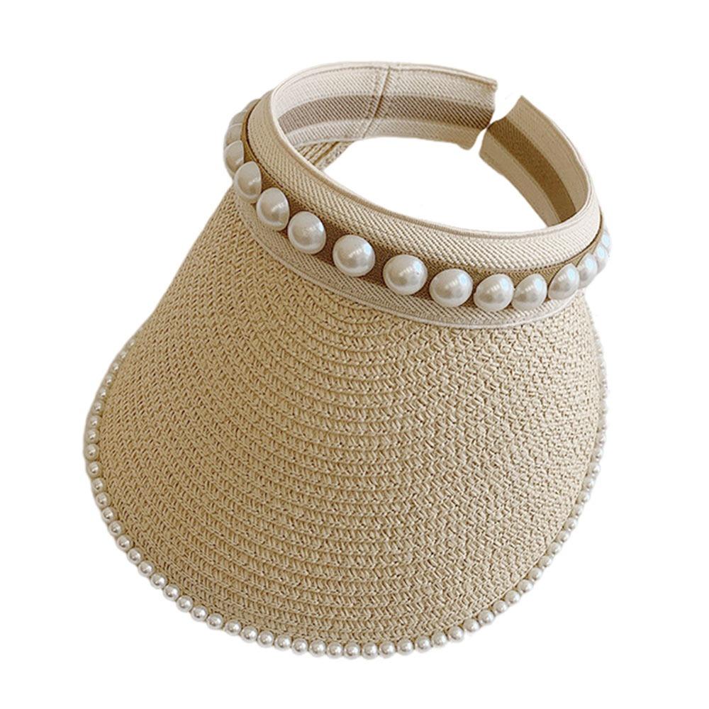 Wide Brim Sun Hat Pearl Decorated Straw Hat Imitation Pearl Beach Hat  UV Protection