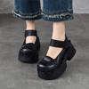 Johnature Thick Soled High Heels Pumps Genuine Leather Retro Round Toe Thick Heeled Women's Shoes