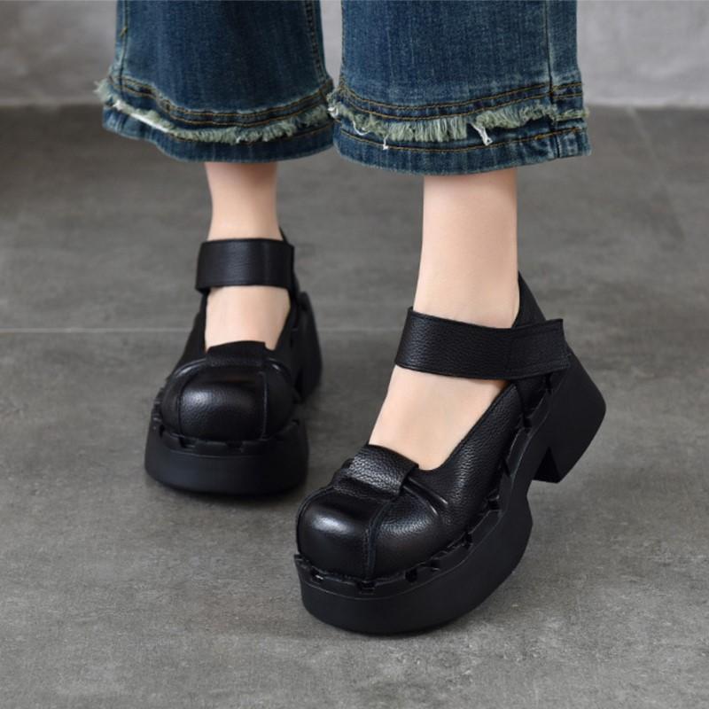 Johnature Thick Soled High Heels Pumps Genuine Leather Retro Round Toe Thick Heeled Women's Shoes