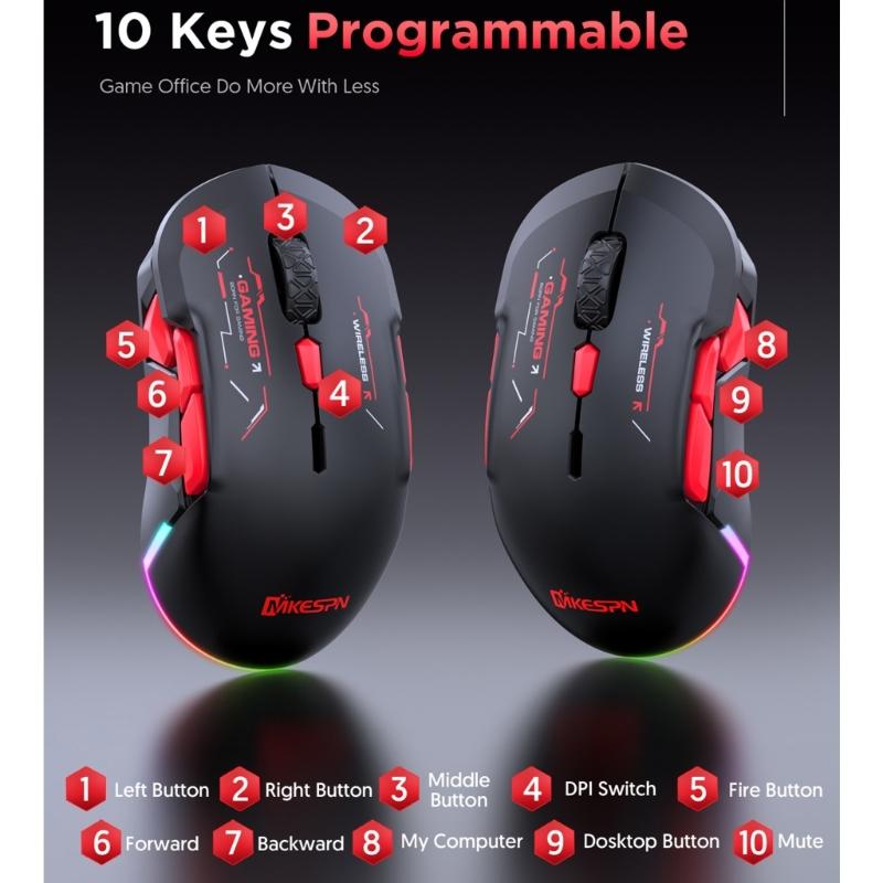 2.4G Wireless Mouse for Laptop Ergonomic Computer Mouse Adjustable 10000DPI 10 Button Cordless Mouse Wireless Mouse