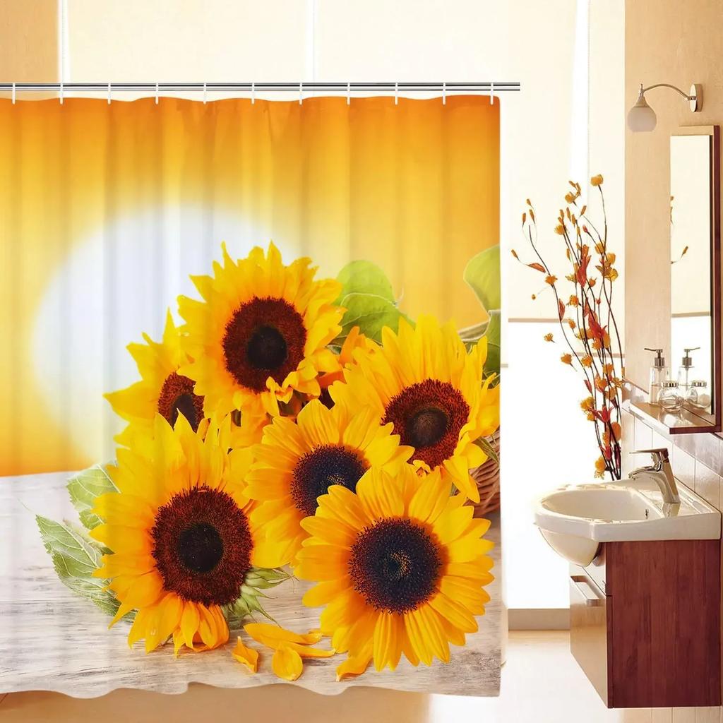 Farmhouse Rustic Shower Curtain Sunflower Autumn Floral Flower On Rural Barn Wooden Fabric Bathroom Curtains with Hooks Sets