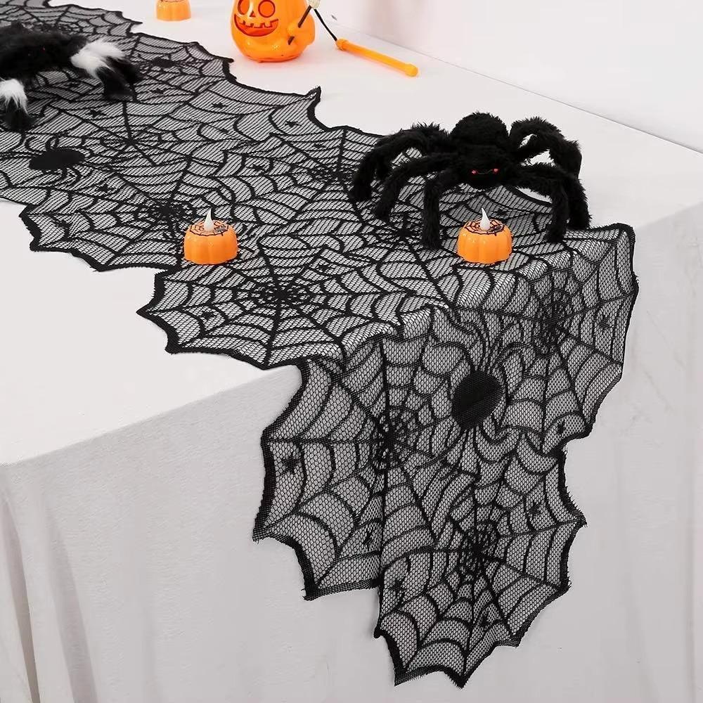 Mesh Gothic Lace Tablecloth with Spider Pendant Halloween Table Decoration  Restaurant