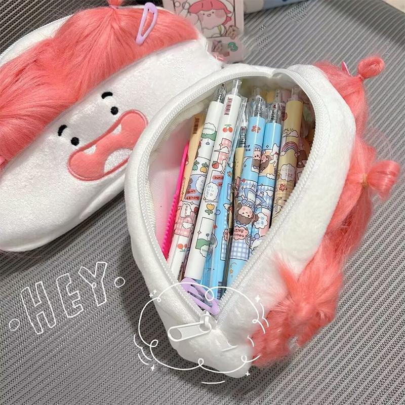 Pink Hair Funny Big Capacity Plush Pencil Bag Creative Cartoon Big Mouth Girl Pens Storage Case Portable School Stationery Gift
