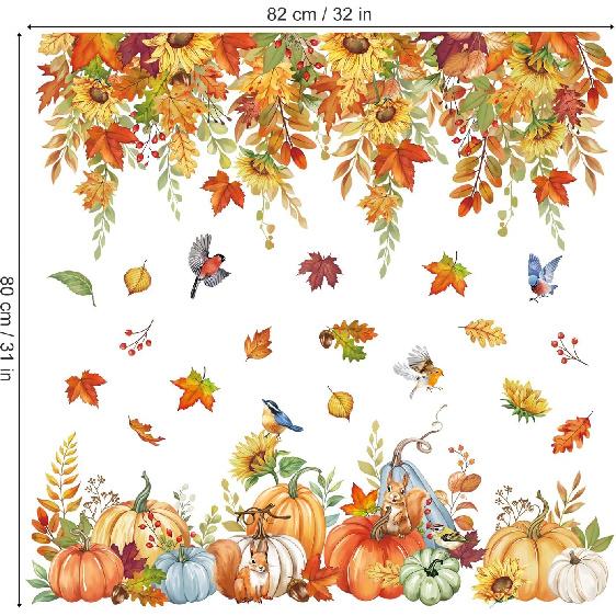 Wondever Fall Sunflower Window Clings Thanksgiving Autumn Harvest Hanging Flower Vine Pumpkin Glass Sticker Decal Anti Collision Double-Side Static