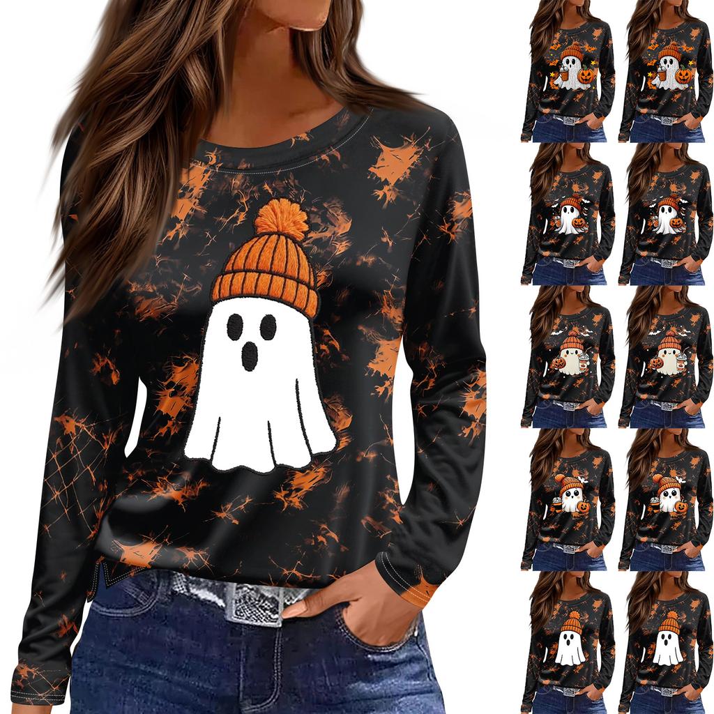 Women's Fashion Long Sleeve Top with Halloween Print and Side Slits, Round Neck