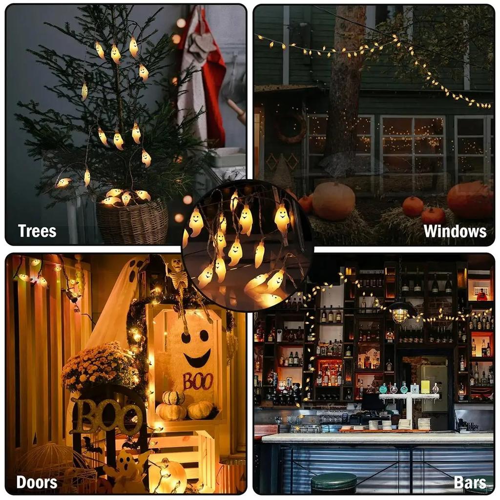 Battery Powered Halloween Ghost LED String Lights DIY Hanging Horror Props Waterproof For Home Party Festival Decorative Lamp