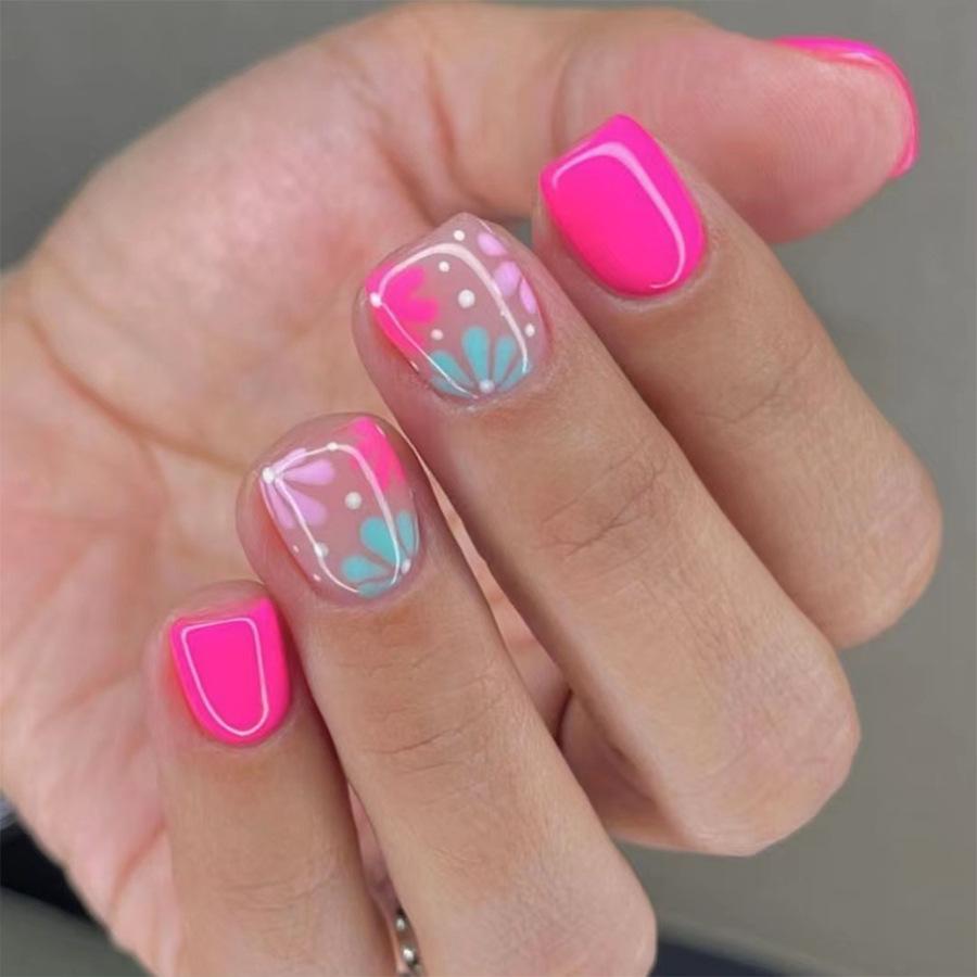 24Pcs Simple Square False Nails Short French Fake Nails Press On Colorful Flowers Design Full Cover Nail Tips Manicure Tools