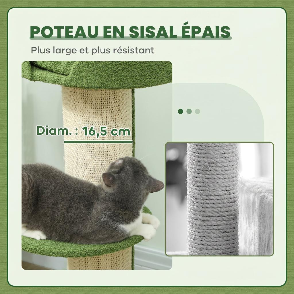Cat Tree with Scratching Post, Activity Center, Platforms, Cushion, 45 x 45 x 91 cm, Green and Beige