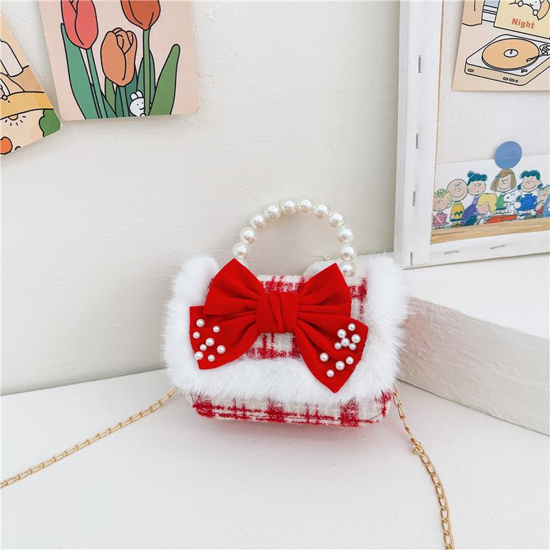 

Adorable Red Pearl Handbag For Kids With Trendy Bowknot Design And Chain Strap StyleG