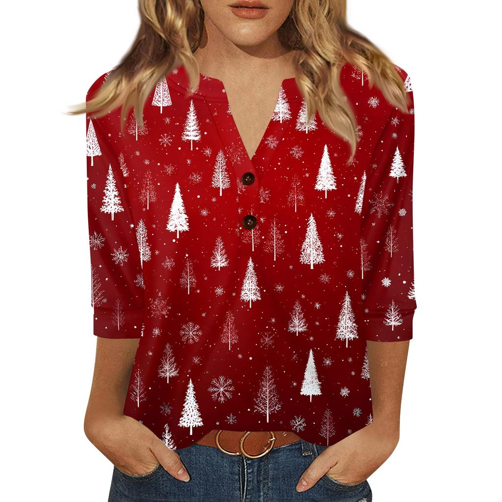 Women's T Shirt Christmas Print Button 3/4 Sleeve Daily Weekend Fashion Basic V- Neck Regular Top
