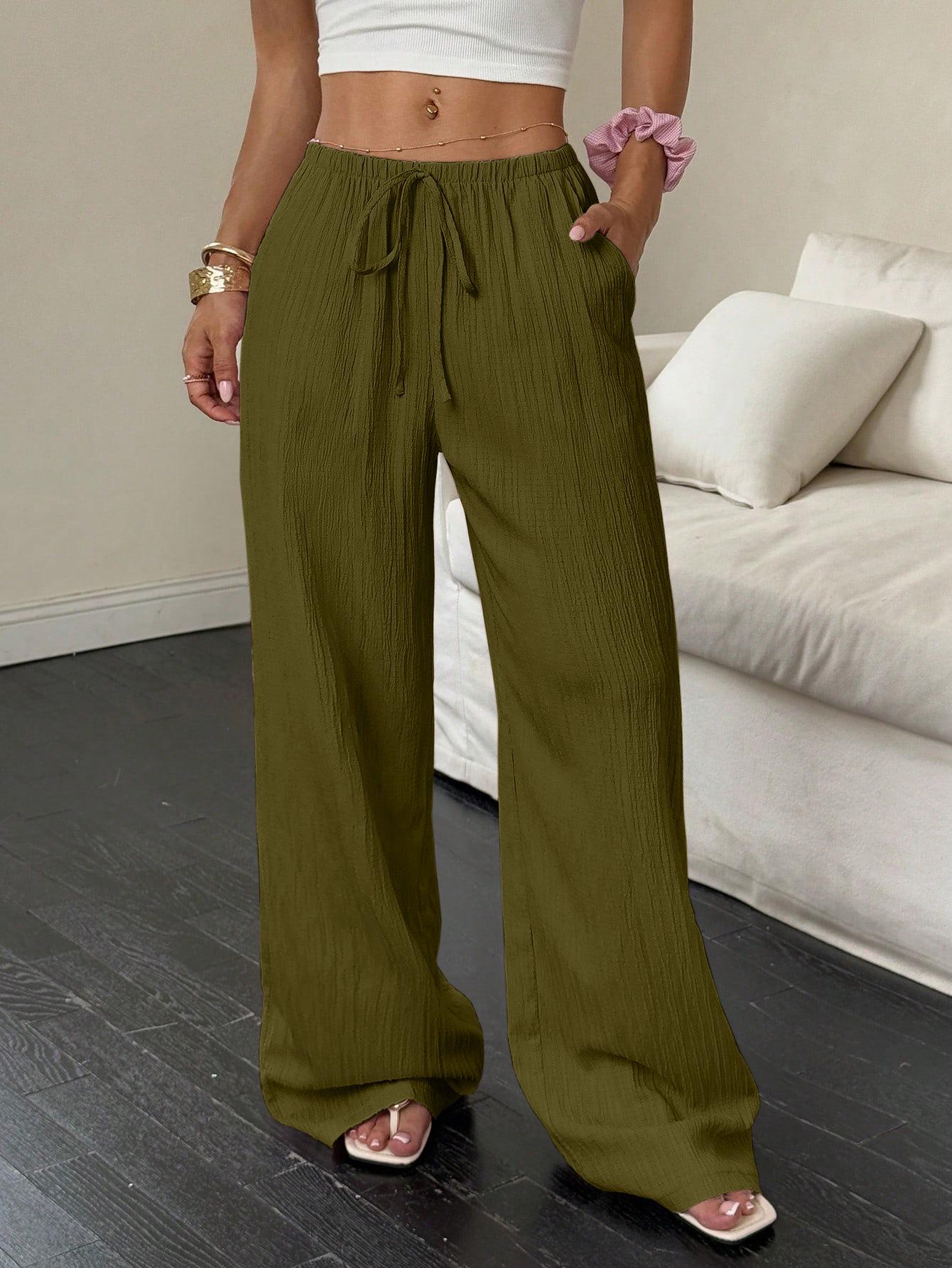 

2026 Summer Women s Casual Textured Wide-Leg Pants with Knot Waist and Slanted Pockets XL армия зеленый