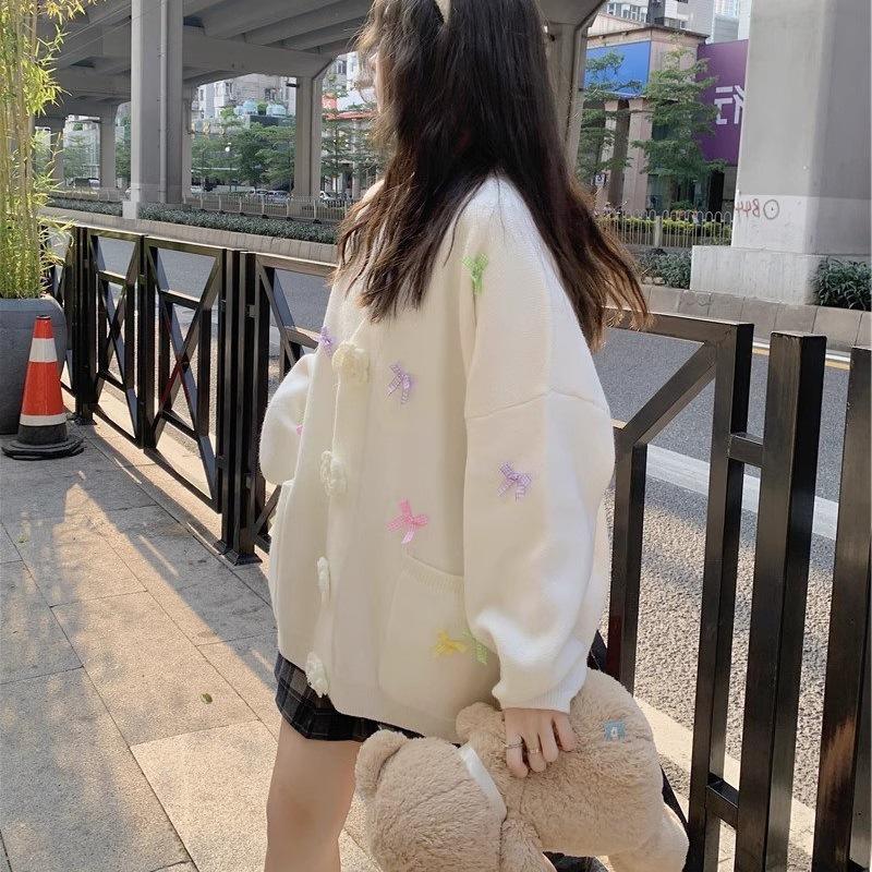 2025 Autumn/Winter Loose Candy Color V-Neck Knit Cardigan with 3D Flower Bow for Women