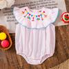 Infant Girls' 1st Birthday Embroidered Ruffle Bodysuit, Pink Stripe Cotton Sleeveless Romper