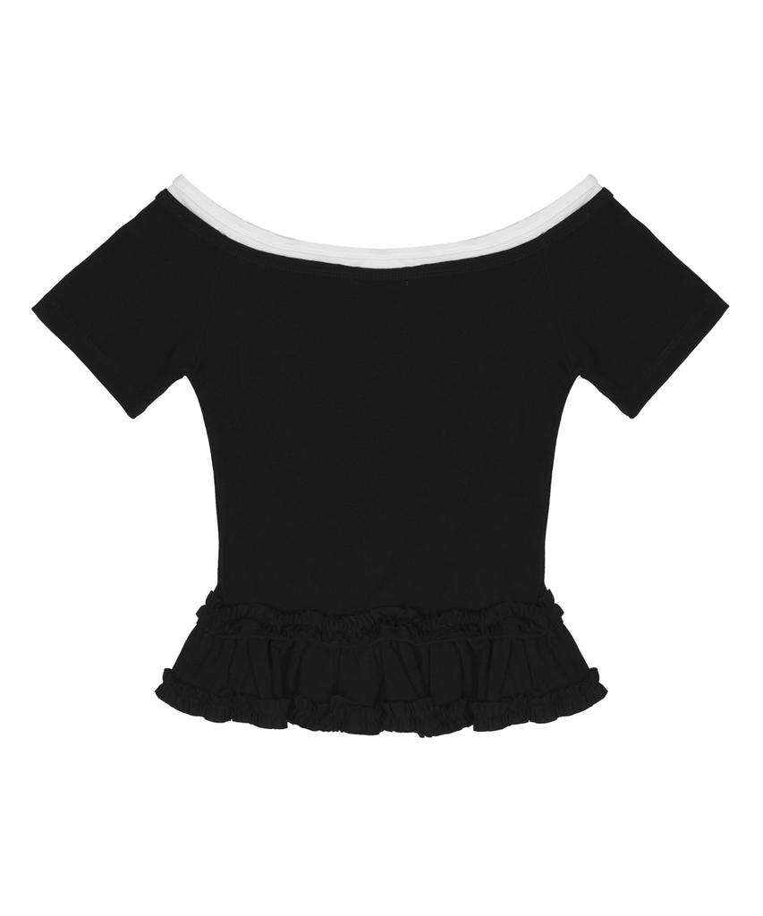 Nigaennikol Off-Shoulder Frill Crop Top_Black