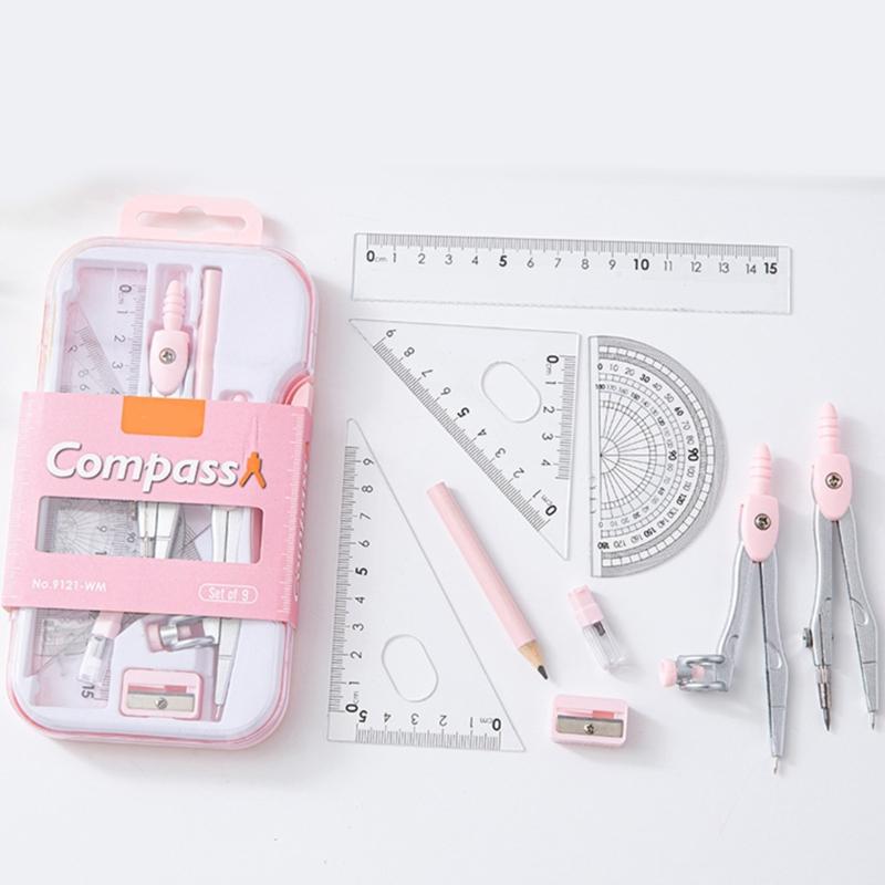 Complete Plastic Geometry Kits With 9 Essential Tools Including Compass Rulers For Precise Technical Drawing