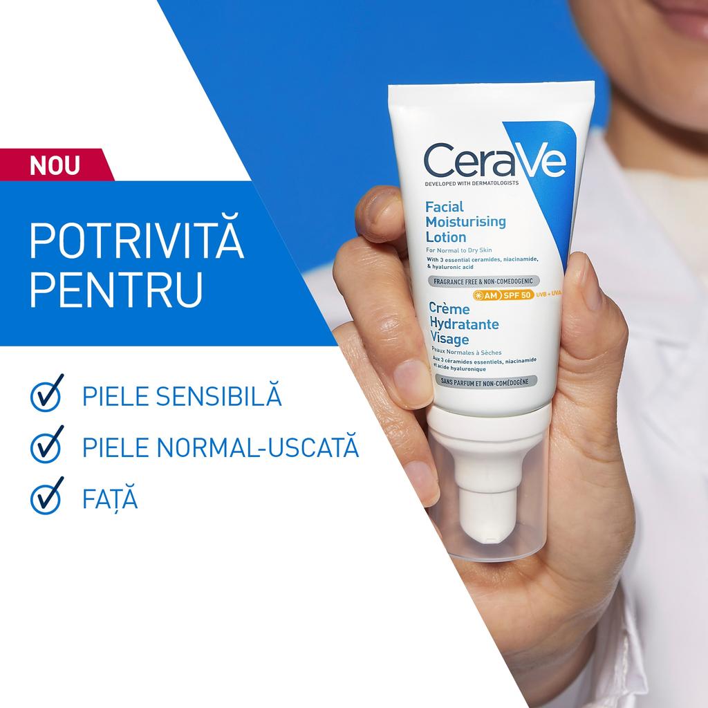 CeraVe Facial Moisturizing Lotion SPF 50 for Normal To Dry Skin, 52 Ml, with Ceramides & Hyaluronic Acid, Broad Spectrum Sunscreen, Oil-Free