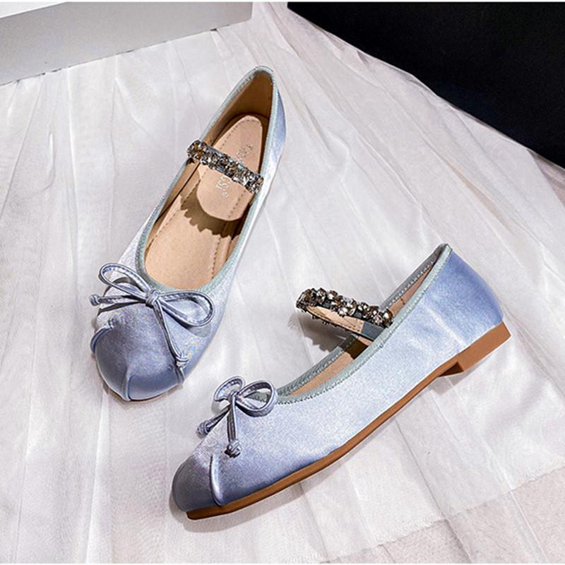 Fashion Luxury Satin Rhinestone Decoration Ballet Flats Women Elegant Bow Silk Design Mary Jane Shoe for Women Light Comfortable Loafers