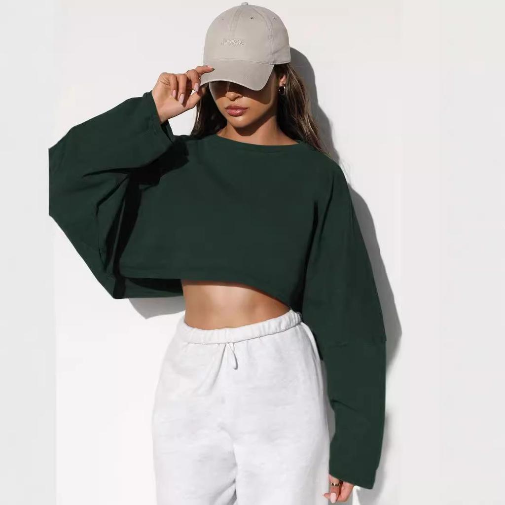 Women's Loose Cropped Solid Color Sweatshirt Casual Long Sleeve Pullover Top Streetwear Blouse