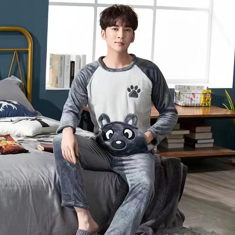 Toamnă Iarnă Nouă Pijamale din Lână Coral pentru Bărbat Gât Rotund Mânecă Lungă Seturi de Lounge Bărbat 2 Piese Tipărire Moda Costum Home pentru Bărbat