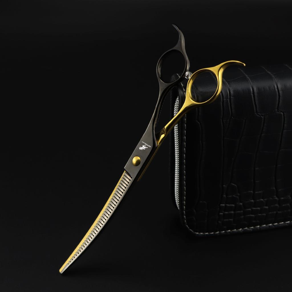 7.0 Inch Black And Gold Pet Beauty Scissors, Curved Scissors, Pet Trimming Scissors, Thin Scissors, Curved Teeth Magic Scissors